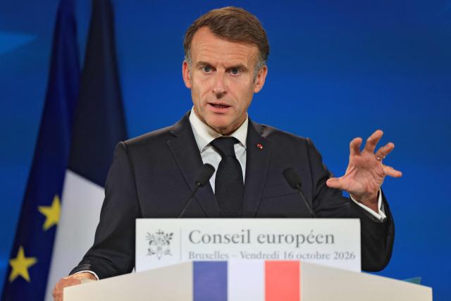 France's President Emmanuel Macron gives a press conference at the end of a European Union summit at the EU headquarters in Brussels on October 16, 2026. EU leaders head on October 15, 2026 for their biggest clash yet over the bloc's next long-term budget, as they race to lock in a deal before next year's French presidential election. (Photo by Ludovic MARIN / AFP)