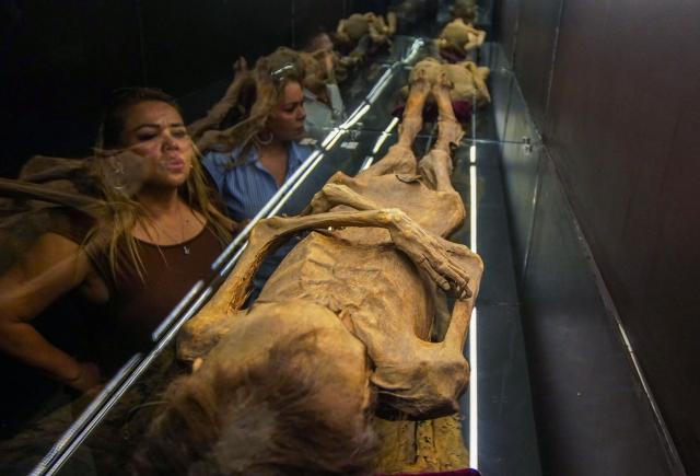 Tourists visit the Mummy Museum in the colonial city of Guanajuato, Guanajuato state, Mexico, on October 15, 2026. The museum displays naturally mummified human remains recovered from the city's Santa Paula cemetery. (Photo by Mario ARMAS / AFP)
