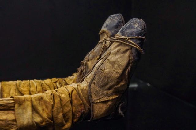 Detail of a mummy on display at the Mummy Museum in the colonial city of Guanajuato, Guanajuato state, Mexico, on October 15, 2026. The museum displays naturally mummified human remains recovered from the city's Santa Paula cemetery. (Photo by Mario ARMAS / AFP)