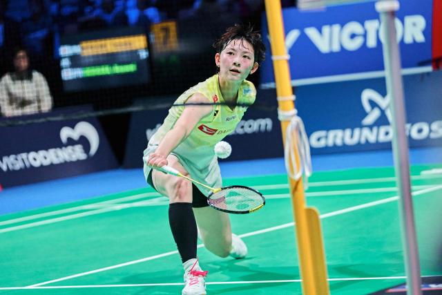 Japan's Tomoka Miyazaki plays against Japan's Nozomi Okuhara (not in picture) during the women's singles quarter-final badminton match at the Denmark Open at the SJF Bank Arena in Odense on October 16, 2026. (Photo by Thomas Traasdahl / Ritzau Scanpix / AFP) / Denmark OUT