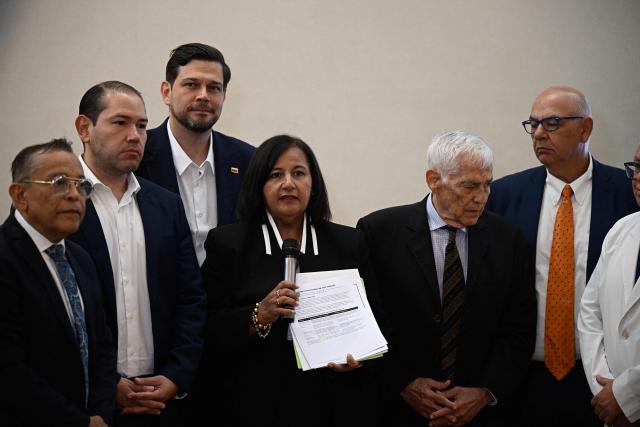 Opposition delegation leader Dinorah Figuera speaks during a meeting with representatives of the health sector to present proposals and demands to the opposition delegation participating in the dialogue process, at the Marriott Hotel in Caracas, Venezuela, on October 16, 2026. (Photo by Federico PARRA / AFP)