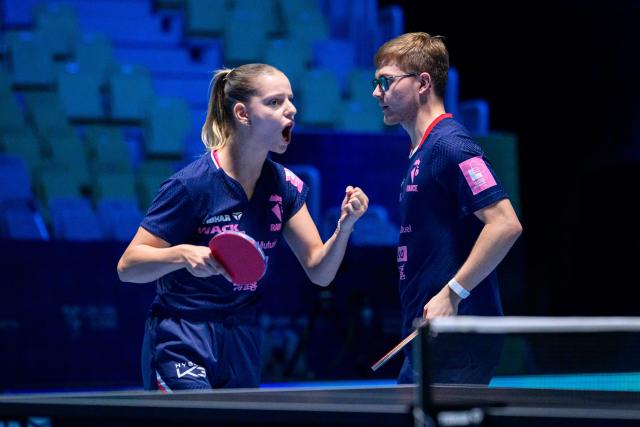 France’s Charlote Lutz (L) and Alexis Lebrun react during the Mixed Doubles final match of the 2026 ETTU European Individual Table Tennis Championships at the Arena Stozice in Ljubljana, Slovenia on October 16, 2026. (Photo by Jure Makovec / AFP)