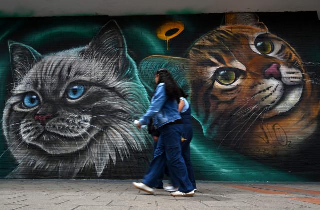 Women walk past a mural in Bogota on October 16, 2026. (Photo by Raul ARBOLEDA / AFP)