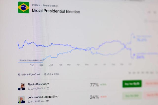 This photograph shows computer screens displaying the website of US-based cryptocurrency prediction market platform Polymarket in Rio de Janeiro, Brazil on October 16, 2026. Although banned in Brazil, Polymarket has emerged as an unexpected player in the presidential election campaign, used mainly by right-wing supporters as a credible indicator of voter sentiment amid growing distrust of traditional opinion polls. (Photo by Pablo PORCIUNCULA / AFP)