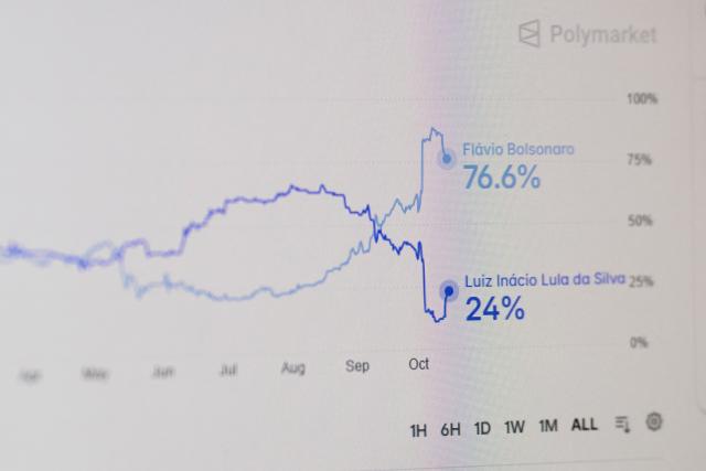 This photograph shows computer screens displaying the website of US-based cryptocurrency prediction market platform Polymarket in Rio de Janeiro, Brazil on October 16, 2026. Although banned in Brazil, Polymarket has emerged as an unexpected player in the presidential election campaign, used mainly by right-wing supporters as a credible indicator of voter sentiment amid growing distrust of traditional opinion polls. (Photo by Pablo PORCIUNCULA / AFP)