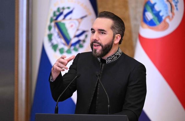 El Salvador's President Nayib Bukele speaks during a joint press conference with Costa Rica's President Laura Fernandez at the Presidential Palace in San Salvador on October 16, 2026. Costa Rica opened a high-security jail on October 15, 2026, inspired by a mega-prison in El Salvador that has become a symbol of the country's war on gangs, widely criticized by human rights groups. (Photo by MARVIN RECINOS / AFP)
