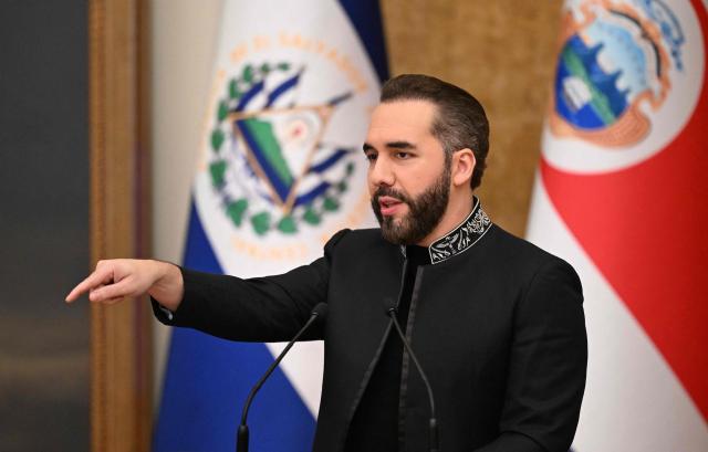 El Salvador's President Nayib Bukele speaks during a joint press conference with Costa Rica's President Laura Fernandez at the Presidential Palace in San Salvador on October 16, 2026. Costa Rica opened a high-security jail on October 15, 2026, inspired by a mega-prison in El Salvador that has become a symbol of the country's war on gangs, widely criticized by human rights groups. (Photo by MARVIN RECINOS / AFP)