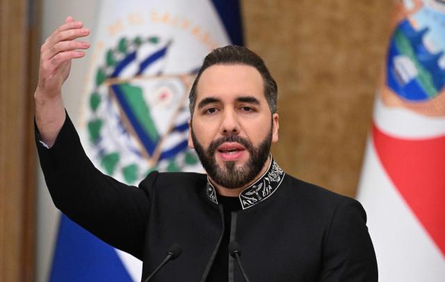 El Salvador's President Nayib Bukele speaks during a joint press conference with Costa Rica's President Laura Fernandez at the Presidential Palace in San Salvador on October 16, 2026. Costa Rica opened a high-security jail on October 15, 2026, inspired by a mega-prison in El Salvador that has become a symbol of the country's war on gangs, widely criticized by human rights groups. (Photo by MARVIN RECINOS / AFP)
