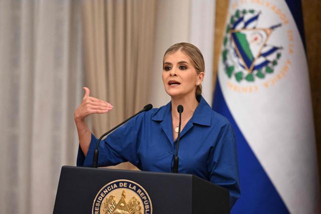 Costa Rica's President Laura Fernandez speaks during a joint press conference with El Salvador's President Nayib Bukele at the Presidential Palace in San Salvador on October 16, 2026. Costa Rica opened a high-security jail on October 15, 2026, inspired by a mega-prison in El Salvador that has become a symbol of the country's war on gangs, widely criticized by human rights groups. (Photo by MARVIN RECINOS / AFP)