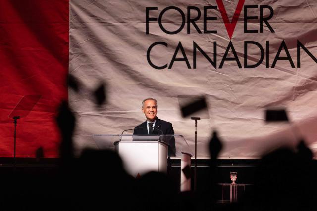 Canadian Prime Minister Mark Carney speaks at a rally hosted by Forever Canadian on Canadian Unity at the Edmonton Expo Center in Edmonton, Alberta, Canada on October 16, 2026. Alberta voters decide next week if they want the oil-rich province to begin the process of separating from Canada, a pivotal test for the country as it confronts a hostile United States. (Photo by Megan Albu / AFP)