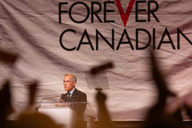 Canadian Prime Minister Mark Carney speaks at a rally hosted by Forever Canadian on Canadian Unity at the Edmonton Expo Center in Edmonton, Alberta, Canada on October 16, 2026. Alberta voters decide next week if they want the oil-rich province to begin the process of separating from Canada, a pivotal test for the country as it confronts a hostile United States. (Photo by Megan Albu / AFP)