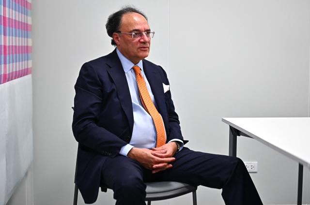 Pakistan’s Finance Minister Muhammad Aurangzeb speaks during an interview with AFP at the Annual Meetings of the International Monetary Fund (IMF) and the World Bank Group (WBG) at the Queen Sirikit National Convention Center (QSNCC) in Bangkok on October 17, 2026. (Photo by Lillian SUWANRUMPHA / AFP)
