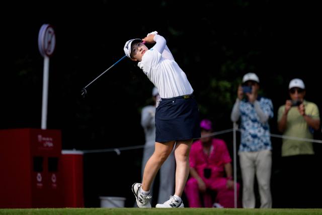 Japan's Rio Takeda hits a tee shot during during the Buick LPGA Shanghai golf tournament in Shanghai on October 17, 2026. (Photo by CN-STR / AFP) / China OUT