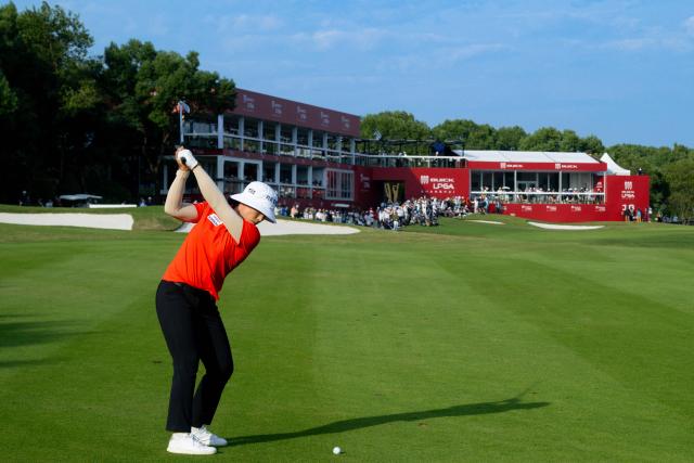 South Korea's Amy Yang plays a shot during the Buick LPGA Shanghai golf tournament in Shanghai on October 17, 2026. (Photo by CN-STR / AFP) / China OUT