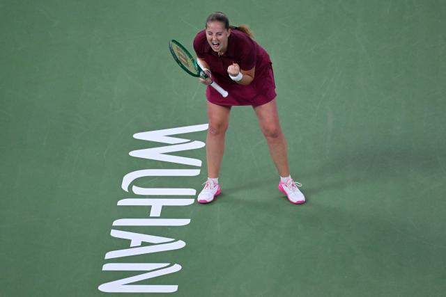 Latvia's Jelena Ostapenko reacts after a point against Sonay Kartal during their women's singles semi-final match at the Wuhan Open tennis tournament in Wuhan, China's Hubei province on October 17, 2026. (Photo by WANG Zhao / AFP)