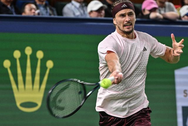 Germany's Alexander Zverev hits a return to Spain's Alejandro Davidovich Fokina during their men's singles semi-final match at the Shanghai Masters tennis tournament in Shanghai on October 17, 2026. (Photo by Hector RETAMAL / AFP)