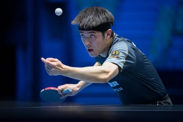 Germany’s Dang Qiu competes against France’s Alexis Lebrun during the men’s singles quarter-final match of the 2026 ETTU European Individual Table Tennis Championships at The Arena Stozice in Ljubljana on October 17, 2026. (Photo by Jure Makovec / AFP)