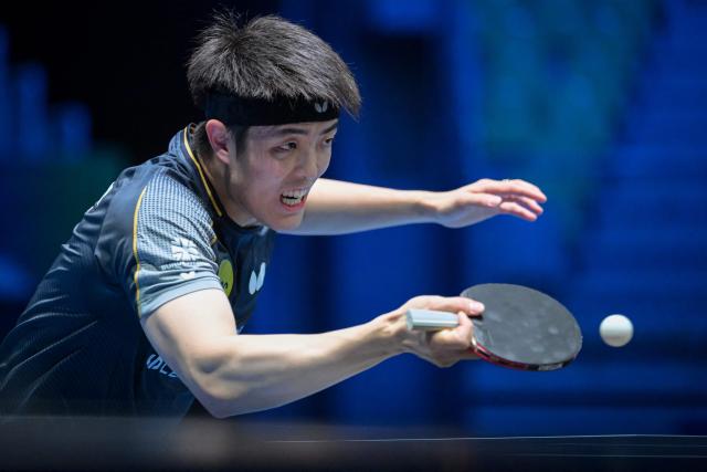 Germany’s Dang Qiu competes against France’s Alexis Lebrun during the men’s singles quarter-final match of the 2026 ETTU European Individual Table Tennis Championships at The Arena Stozice in Ljubljana on October 17, 2026. (Photo by Jure Makovec / AFP)