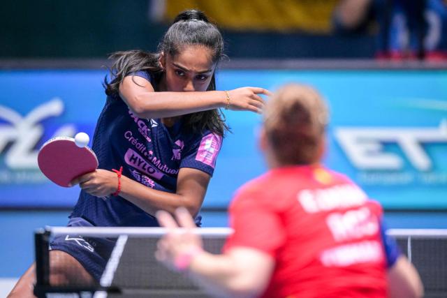 France's Prithika Pavade competes against Romania's Elena Zaharia during the women's single quarter-final match of the 2026 ETTU European Individual Table Tennis Championships at the Arena Stozice in Ljubljana on October 17, 2026. (Photo by Jure Makovec / AFP)