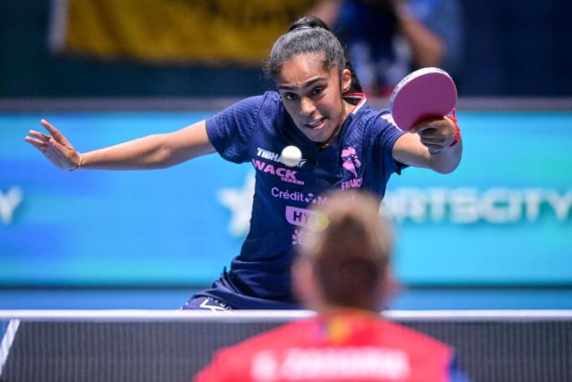 France's Prithika Pavade competes against Romania's Elena Zaharia during the women's single quarter-final match of the 2026 ETTU European Individual Table Tennis Championships at the Arena Stozice in Ljubljana on October 17, 2026. (Photo by Jure Makovec / AFP)