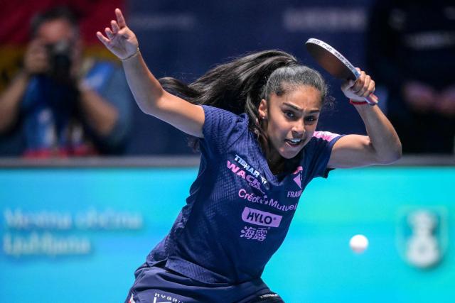 France's Prithika Pavade competes against Romania's Elena Zaharia during the women's single quarter-final match of the 2026 ETTU European Individual Table Tennis Championships at the Arena Stozice in Ljubljana on October 17, 2026. (Photo by Jure Makovec / AFP)