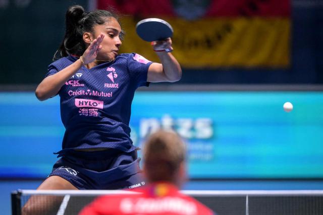 France's Prithika Pavade competes against Romania's Elena Zaharia during the women's single quarter-final match of the 2026 ETTU European Individual Table Tennis Championships at the Arena Stozice in Ljubljana on October 17, 2026. (Photo by Jure Makovec / AFP)