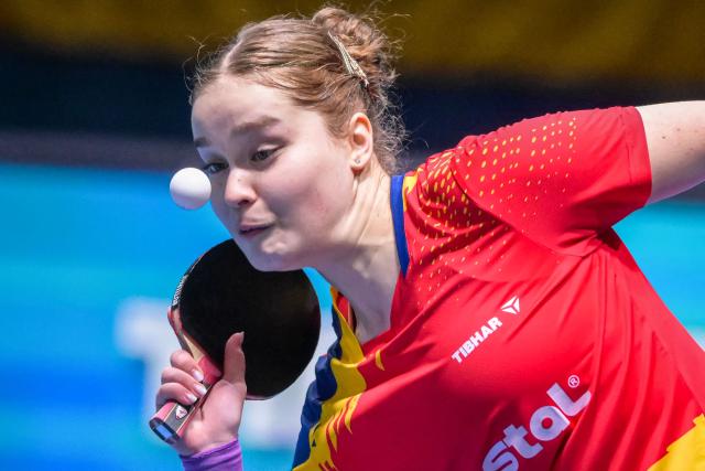 Romania's Elena Zaharia competes against France's Prithika Pavade during the women's single quarter-final match of the 2026 ETTU European Individual Table Tennis Championships at the Arena Stozice in Ljubljana on October 17, 2026. (Photo by Jure Makovec / AFP)