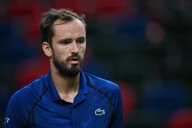 Russia's Daniil Medvedev reacts between points against Rafael Jodar during their men's singles semi-final match at the Shanghai Masters tennis tournament in Shanghai on October 17, 2026. (Photo by Hector RETAMAL / AFP)
