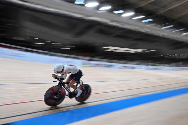 Great Britain's Josie Knight competes in the women's individual pursuit final match at the 2026 UCI Track World Championships at the Shanghai Velodrome in Shanghai on October 17, 2026. (Photo by JADE GAO / AFP)