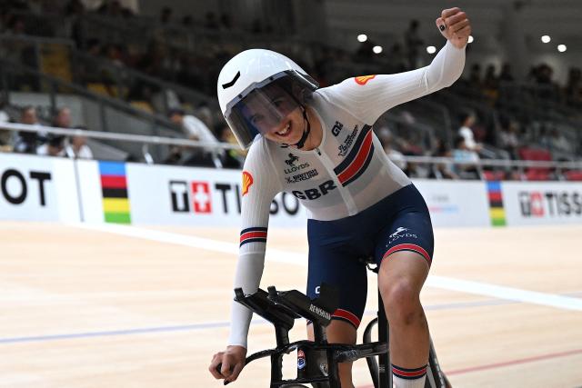 Great Britain's Millie Couzens celebrates after winning in the women's individual pursuit final match at the 2026 UCI Track World Championships at the Shanghai Velodrome in Shanghai on October 17, 2026. (Photo by JADE GAO / AFP)
