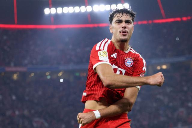 Bayern Munich's German midfielder #45 Aleksandar Pavlovic celebrates scoring the 2-0 goal during the German first division Bundesliga football match between FC Bayern Munich and RB Leipzig in Munich, southern Germany, on October 17, 2026. (Photo by Alexandra BEIER / AFP) / DFL REGULATIONS PROHIBIT ANY USE OF PHOTOGRAPHS AS IMAGE SEQUENCES AND/OR QUASI-VIDEO   ALTERNATIVE CROP
