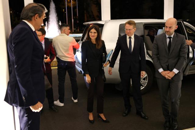 French Ambassador to Lebanon Patrick Durel (2nd R) escorts France's Junior Minister for Veterans affairs Alice Rufo (4thL) and France's Foreign Affairs Minister Jean-Noel Barrot (R), as they arrive for a meeting at the Presidential Palace in Baabda on October 17, 2026. The French Foreign Minister and the Minister of State for the Armed Forces travelled to Lebanon on a two day visit to discuss the “arrangements for the international presence” in the country following the end of the United Nations Interim Force in Lebanon (UNIFIL)’s mandate, according to multiple sources. (Photo by Anwar AMRO / AFP)