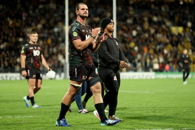 Lions' South African lock Ruan Delport applauds spectators after his team's defeat in the European Rugby Champions Cup rugby union match between Stade Rochelais (La Rochelle) and Lions at at the Marcel-Deflandre Stadium in La Rochelle, western France, on October 17, 2026. (Photo by ROMAIN PERROCHEAU / AFP)