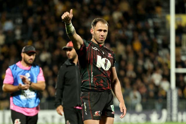 Lions' South African winger Erich Cronje reacts towards spectators after his team's defeat in the European Rugby Champions Cup rugby union match between Stade Rochelais (La Rochelle) and Lions at at the Marcel-Deflandre Stadium in La Rochelle, western France, on October 17, 2026. (Photo by ROMAIN PERROCHEAU / AFP)