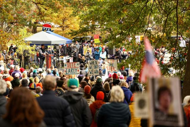 Democratic candidate for US Senate Troy Jackson speaks during a "No Kings: Vote Early" demonstration in Portland, Maine on October 17, 2026. The national day of action is taking place in cities across the country focusing on voter turnout, early voting and election protection, ahead of the midterm elections. (Photo by CHARLY TRIBALLEAU / AFP)