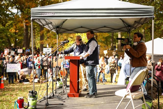 Democratic candidate for US Senate Troy Jackson speaks during a "No Kings: Vote Early" demonstration in Portland, Maine on October 17, 2026. The national day of action is taking place in cities across the country focusing on voter turnout, early voting and election protection, ahead of the midterm elections. (Photo by CHARLY TRIBALLEAU / AFP)