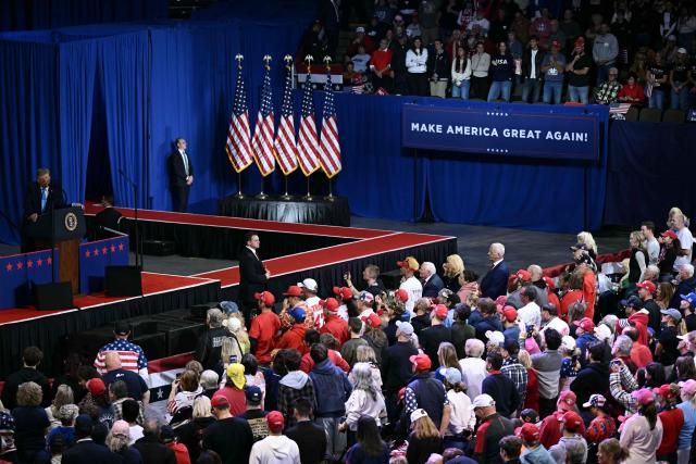 US President Donald Trump speaks at a midterm campaign rally at Truist Arena in Highland Heights, Kentucky on October 17, 2026. , (Photo by Brendan SMIALOWSKI / AFP)