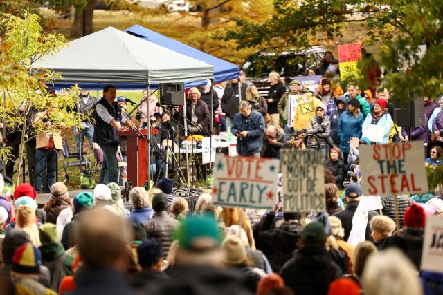 Democratic candidate for US Senate Troy Jackson speaks during a "No Kings: Vote Early" demonstration in Portland, Maine on October 17, 2026. The national day of action is taking place in cities across the country focusing on voter turnout, early voting and election protection, ahead of the midterm elections. (Photo by CHARLY TRIBALLEAU / AFP)