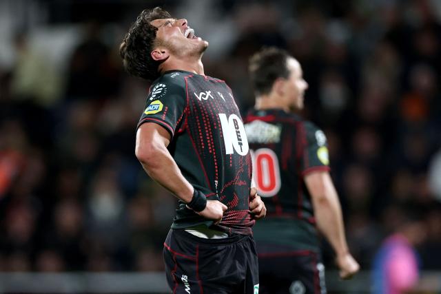 Lions' South African centre Bronson Mills reacts during the European Rugby Champions Cup rugby union match between Stade Rochelais (La Rochelle) and Lions at at the Marcel-Deflandre Stadium in La Rochelle, western France, on October 17, 2026. (Photo by ROMAIN PERROCHEAU / AFP)