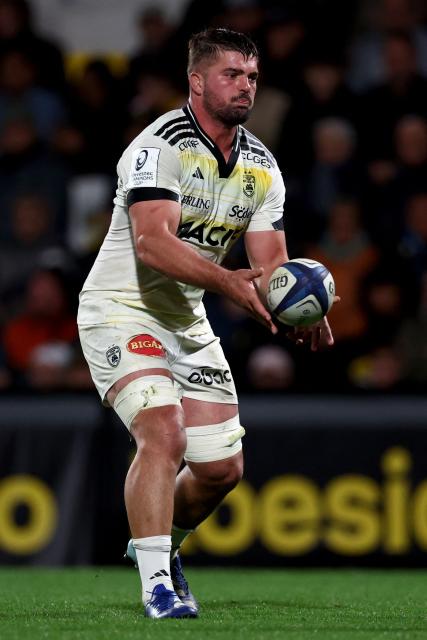 La Rochelle's French number 8 Gregory Alldritt passes the ball during the European Rugby Champions Cup rugby union match between Stade Rochelais (La Rochelle) and Lions at at the Marcel-Deflandre Stadium in La Rochelle, western France, on October 17, 2026. (Photo by ROMAIN PERROCHEAU / AFP)