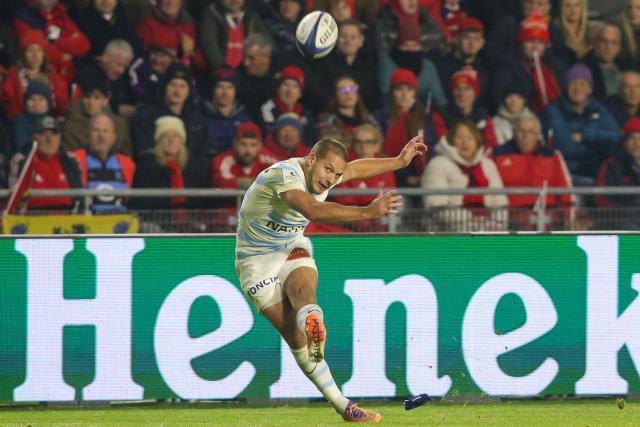 Racing92's French fly-half Antoine Gibert kicks a conversion during the European Champions Cup pool 3 rugby union match between Munster and Racing 92 at SuperValu Páirc Uí Chaoimh in Cork, southern Ireland on October 17, 2026. (Photo by Paul Faith / AFP)