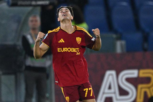 AS Roma's Italian defender #77 Emanuele Lulli celebrates after scoring a goal during the Italian Serie A football match between AS Roma and Genoa at the Olympic Stadium in Rome on October 17, 2026. (Photo by Andreas SOLARO / AFP)