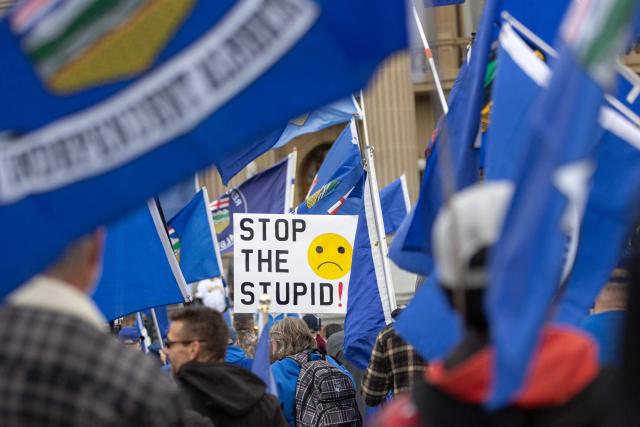 Alberta separatists gather for an Alberta Independence Rally in Edmonton, Alberta, Canada on October 17, 2026. Alberta voters decide next week if they want the oil-rich province to begin the process of separating from Canada, a pivotal test for the country as it confronts a hostile United States. (Photo by Megan Albu / AFP)