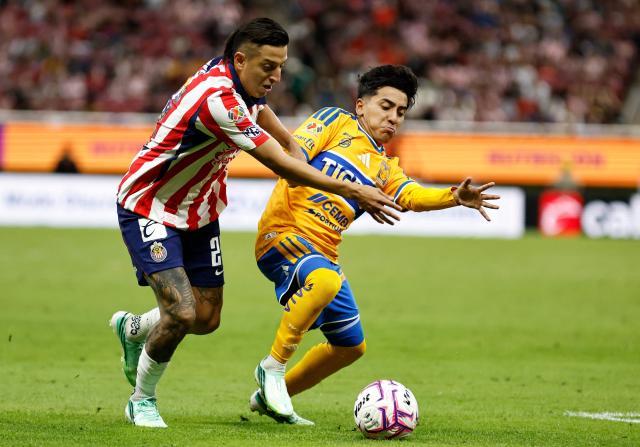 Guadalajara's forward #25 Roberto Alvarado and Tigres' forward #30 Diego Sanchez fight for the ball during the Liga MX Apertura tournament football match between Guadalajara and Tigres at Akron stadium in Zapopan, Jalisco state, Mexico on October 17, 2026. (Photo by ULISES RUIZ / AFP)