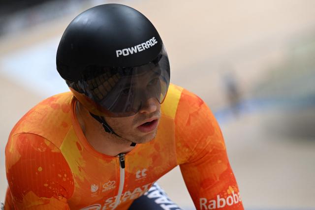 Netherlands’ Harrie Lavreysen competes in the men’s sprint semifinal at the 2026 UCI Track World Championships at the Shanghai Velodrome in Shanghai on October 18, 2026. (Photo by JADE GAO / AFP)