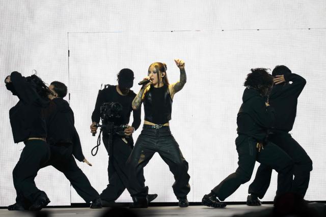 Puerto Rican rapper Young Miko performs at the Intuit Dome in Inglewood, California on October 17, 2026. Young Miko is on her 31-date "Late Checkout Tour" spanning 11 countries. (Photo by VALERIE MACON / AFP)