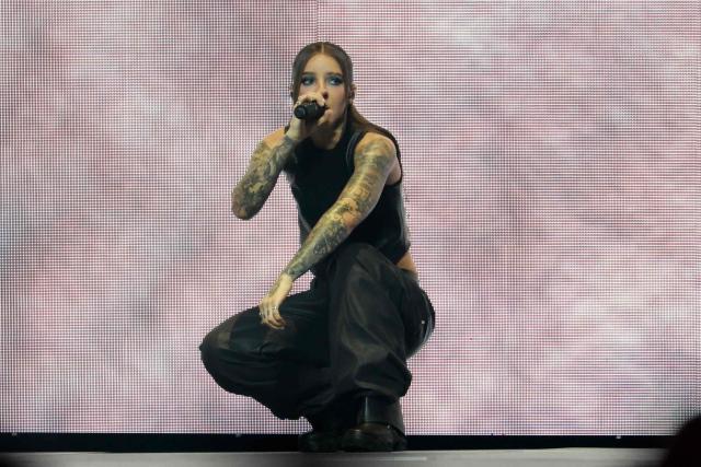 Puerto Rican rapper Young Miko performs at the Intuit Dome in Inglewood, California on October 17, 2026. Young Miko is on her 31-date "Late Checkout Tour" spanning 11 countries. (Photo by VALERIE MACON / AFP)