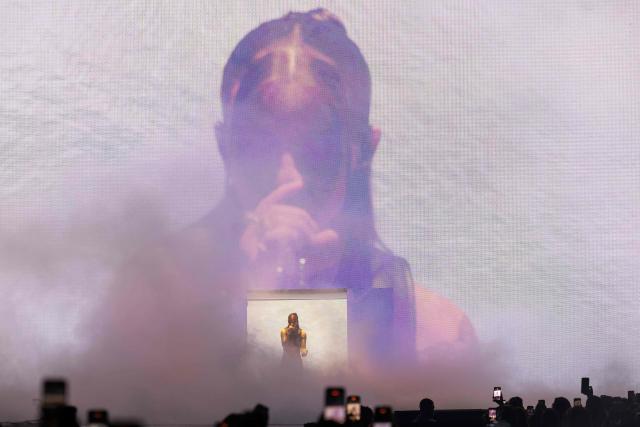 Puerto Rican rapper Young Miko performs at the Intuit Dome in Inglewood, California on October 17, 2026. Young Miko is on her 31-date "Late Checkout Tour" spanning 11 countries. (Photo by VALERIE MACON / AFP)