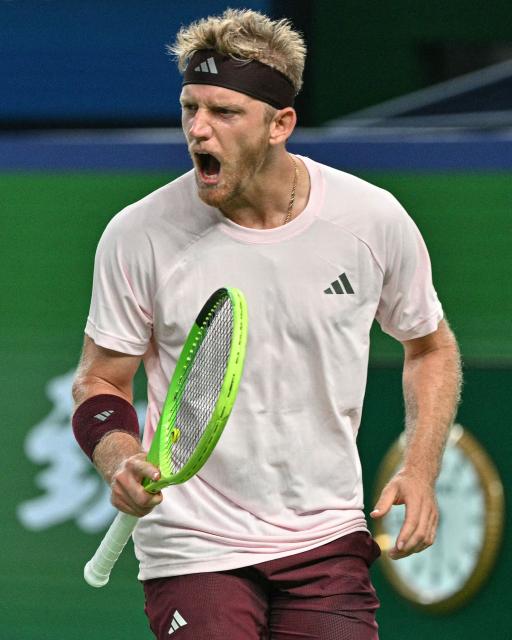Spain's Alejandro Davidovich Fokina reacts between points against Spain's Rafael Jodar during their men's singles final match at the Shanghai Masters tennis tournament in Shanghai on October 18, 2026. (Photo by HECTOR RETAMAL / AFP)