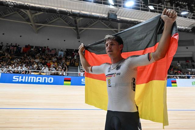 Germany’s Tim Torn Teutenberg celebrates after winning in the men’s elimination race at the 2026 UCI Track World Championships at the Shanghai Velodrome in Shanghai on October 18, 2026. (Photo by JADE GAO / AFP)